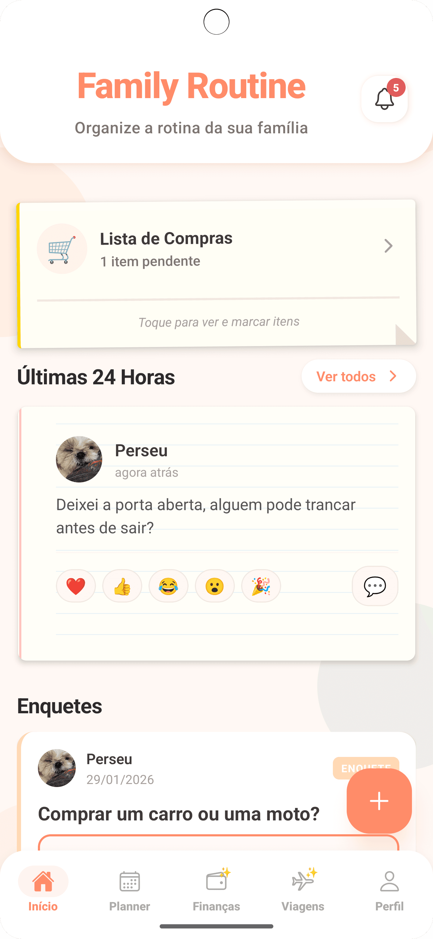 Painel do app Family Routine mostrando interface de tarefas