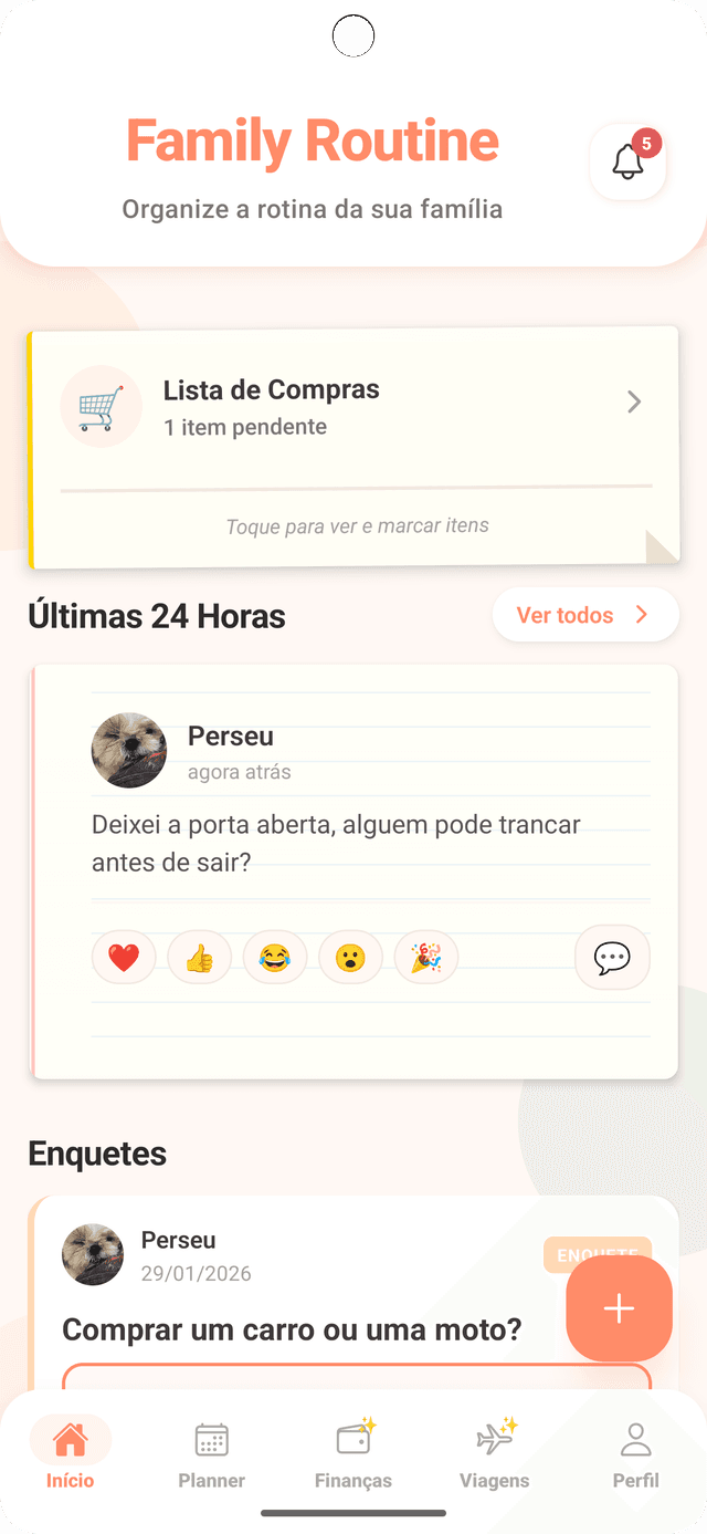 Painel do app Family Routine mostrando interface de tarefas