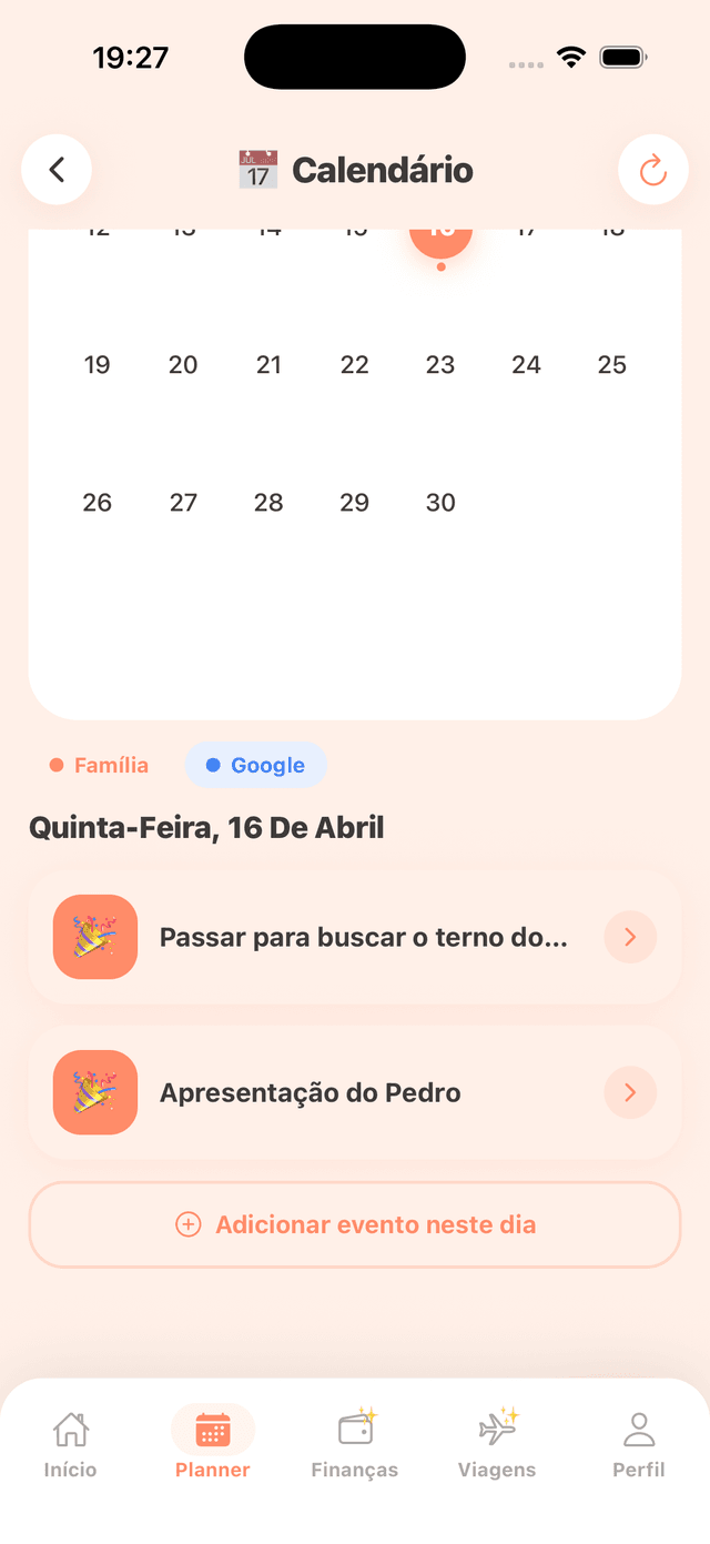 Tela de calendário e eventos do Family Routine