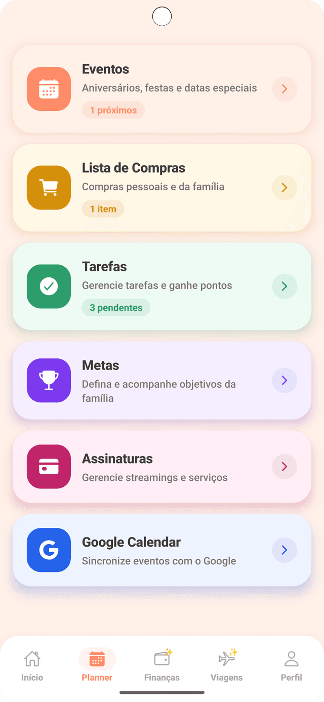 Tela de eventos e features