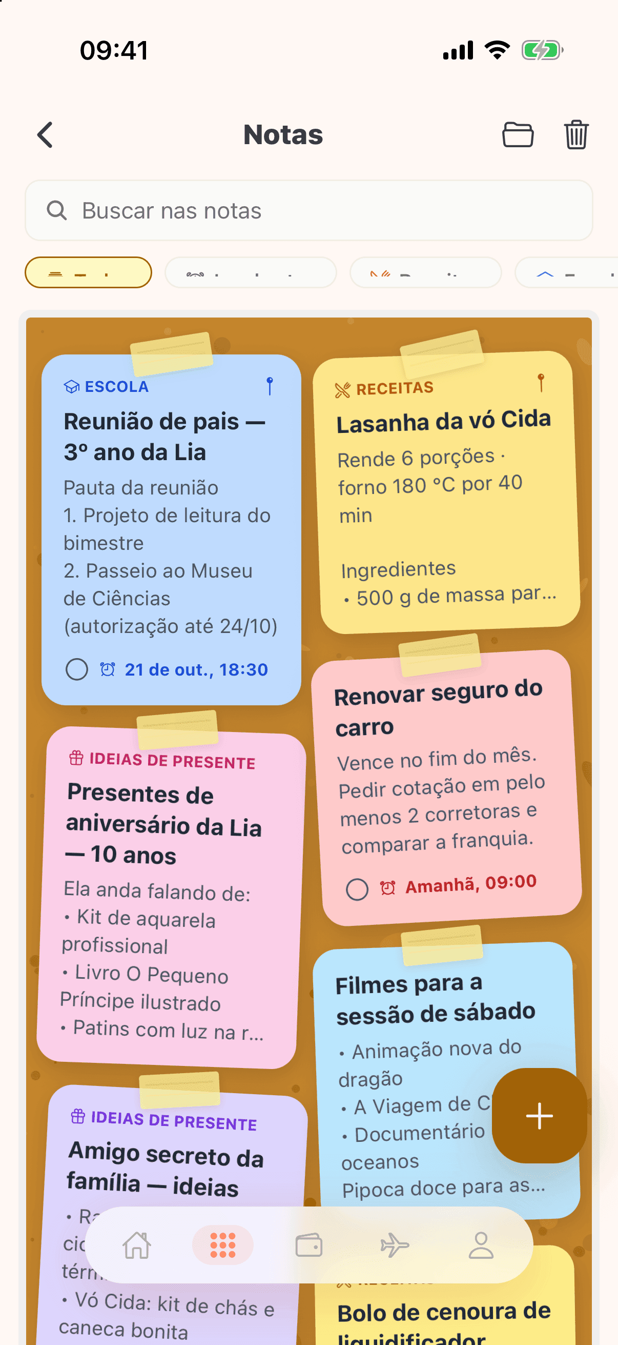 Notas e Cofrinho de Ideias no Family Routine