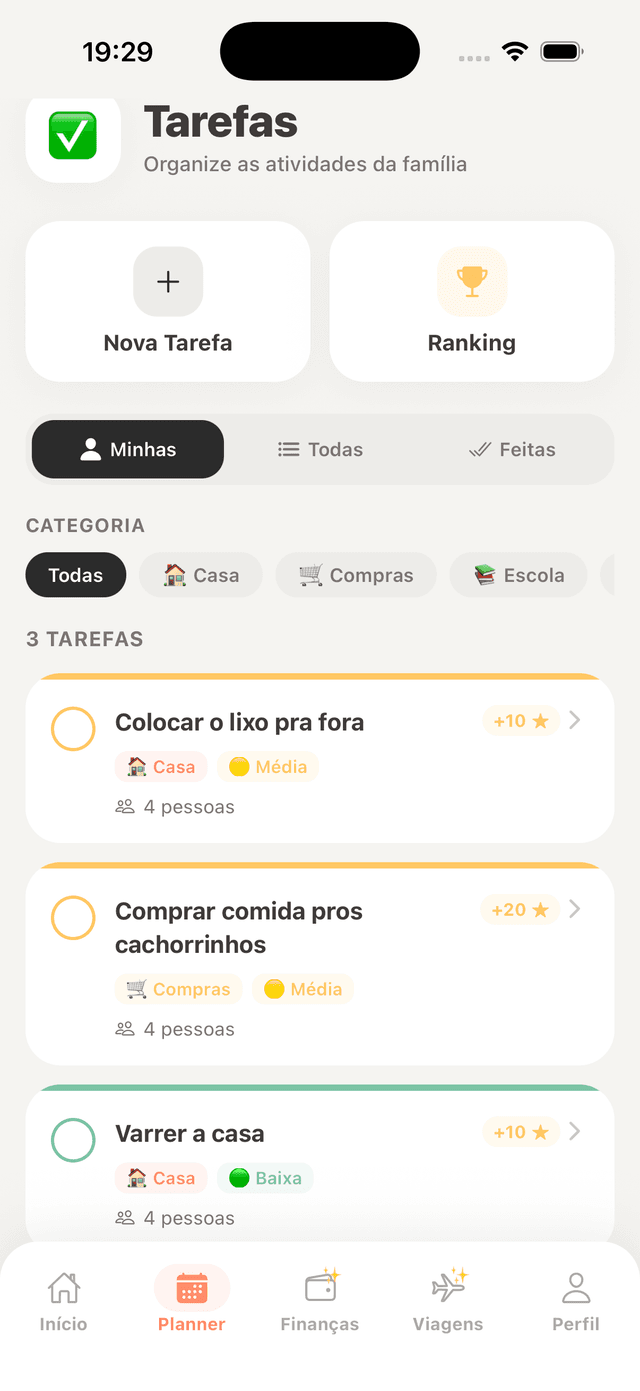 Tela de tarefas do Family Routine mostrando tarefas compartilhadas